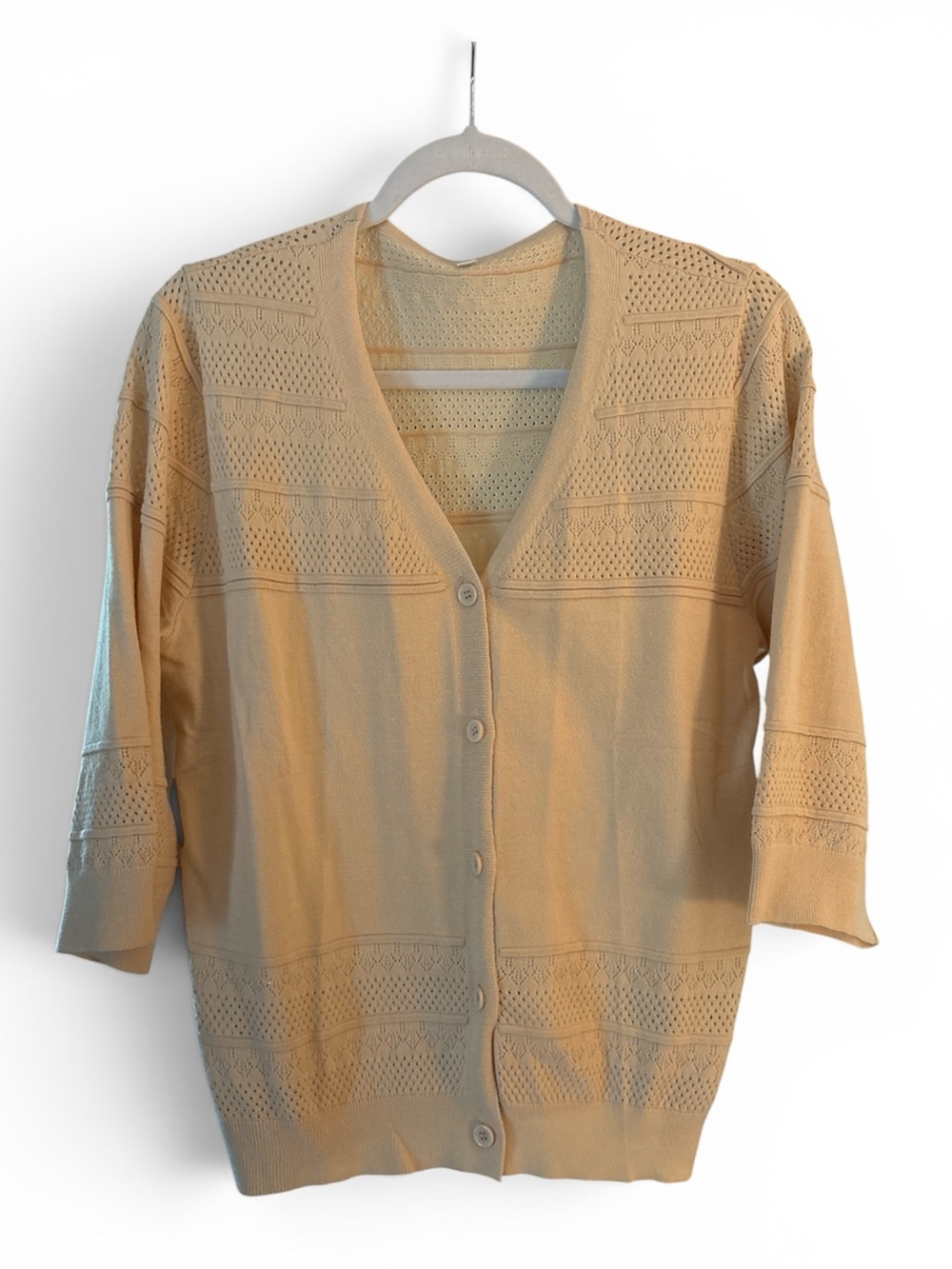 Source Unknown Beige Open-Knit V-Neck Cardigan 3/4 Sleeve Very Soft